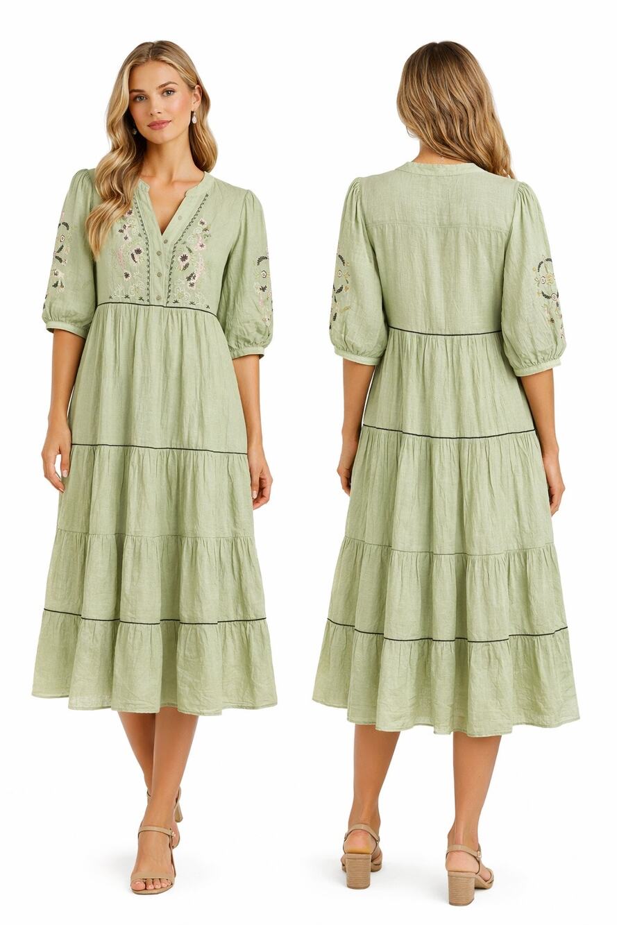 Fig + Flower Sage Green Embroidered Boho Tiered Cottagecore Dress Medium